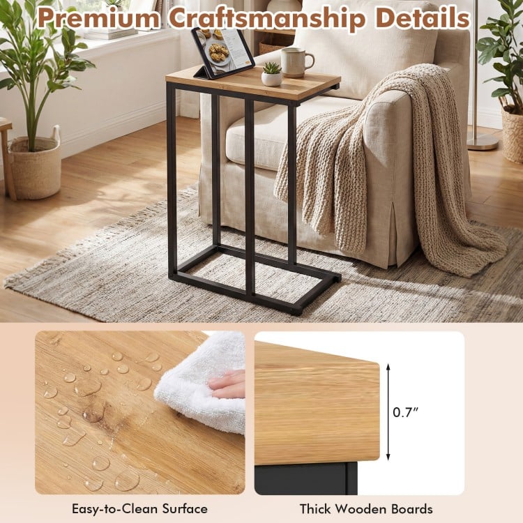 C-Shaped End Table Small Side Table with Sturdy Metal Frame-Natural