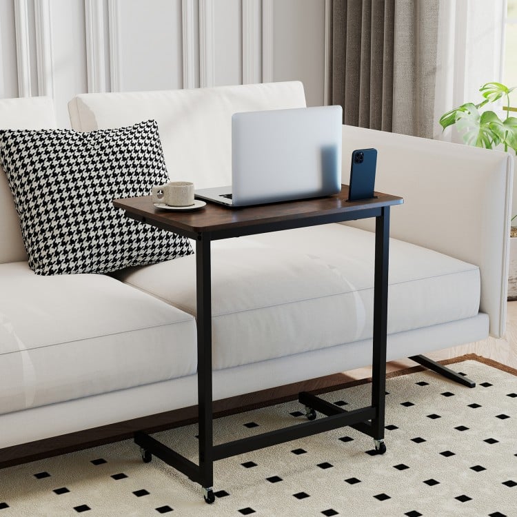 C-shaped End Table with Wheels Mobile Bedside Table with Built-in Phone Slot-Rustic Brown