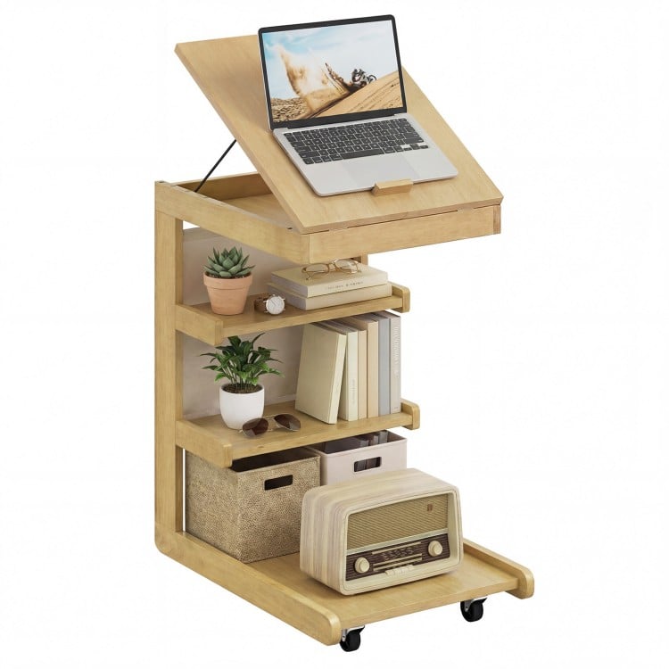 C-shaped End Table with Wheels and Adjustable Desktop for Sofa Couch Bedside-Natural
