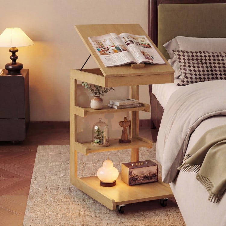 C-shaped End Table with Wheels and Adjustable Desktop for Sofa Couch Bedside-Natural