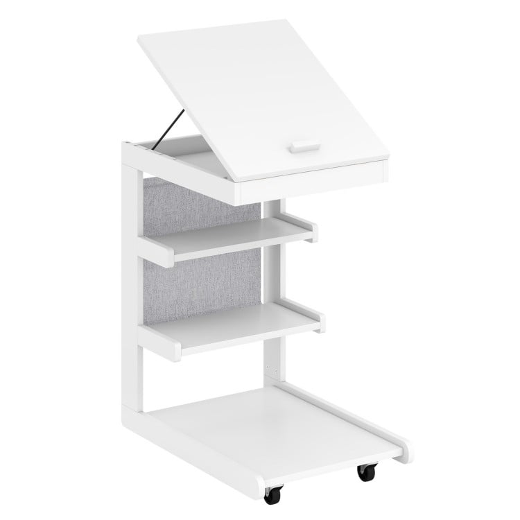 C-shaped End Table with Wheels and Adjustable Desktop for Sofa Couch Bedside-White