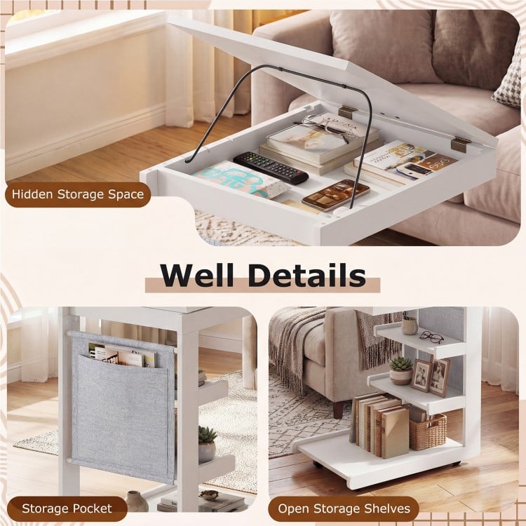 C-shaped End Table with Wheels and Adjustable Desktop for Sofa Couch Bedside-White
