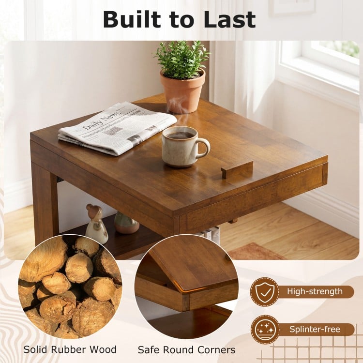 C-shaped End Table with Wheels and Adjustable Desktop for Sofa Couch Bedside-Brown