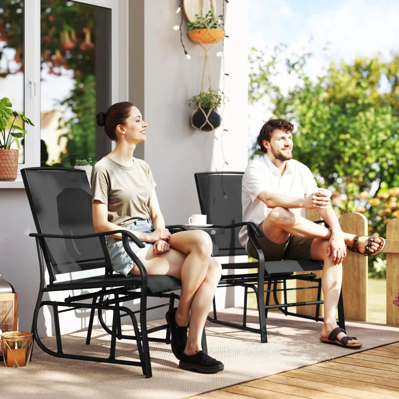Double Patio Glider Chair with Glass Top Center Table, Outdoor Glider Loveseat with High Back, All Weather Breathable Mesh Fabric for Garden, Backyard, Deck, Black