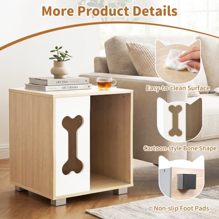 Cat Bed Side Table Wooden Cat Condo with Bone-shape Window and Thick Metal Legs-Natural