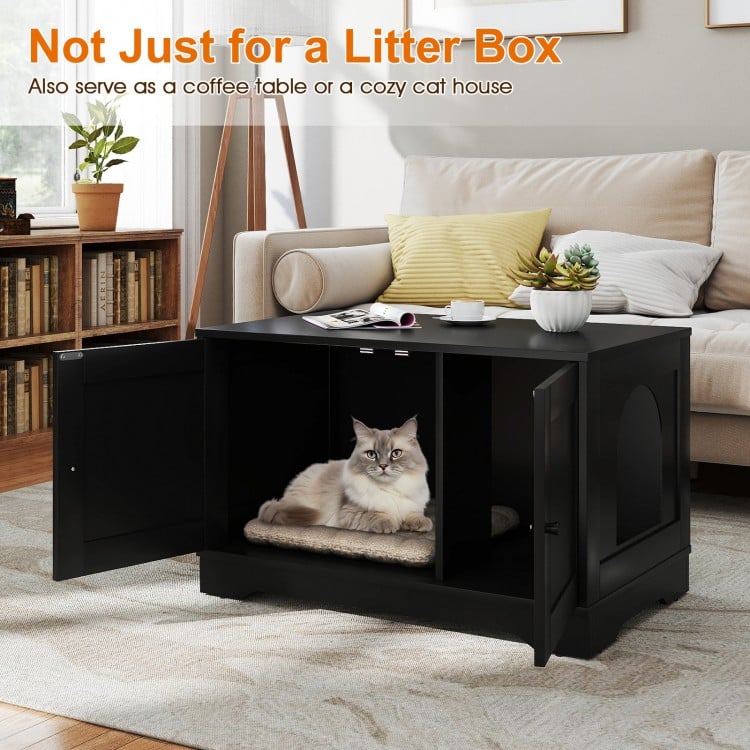 Cat Litter Box Enclosure Furniture Indoor Wooden Cat House End Side Table Nightstand-Black