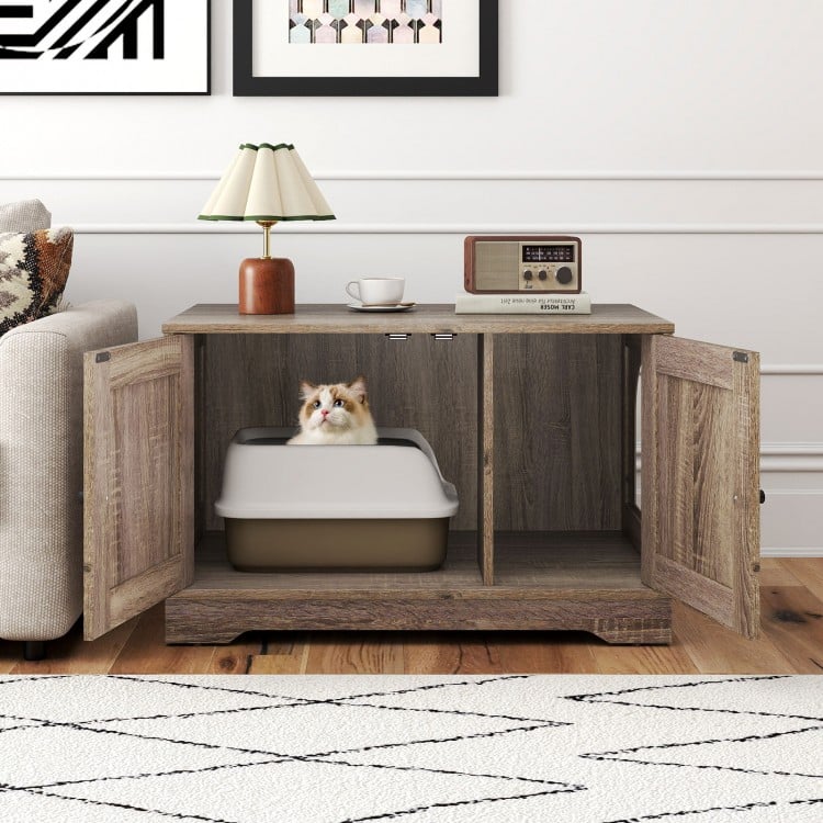 Cat Litter Box Enclosure Furniture Indoor Wooden Cat House End Side Table Nightstand-Grey