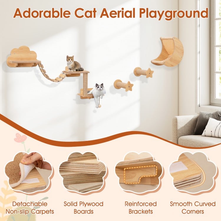 Cat Wall Furniture Set Kitten Wall Mounted Shelves with Hammock-Natural