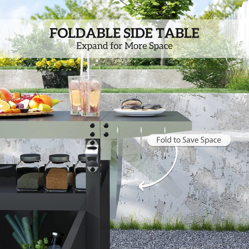 Outdoor Grill Cart Table with Foldable Side Table, BBQ Grill Stand with Stainless Steel Top & Hooks, 45.7"x19.7", Black