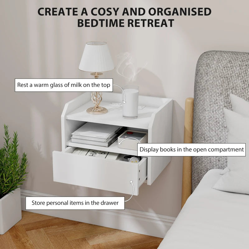 Wall Mounted Bedside Table, Set of 2 Floating Nightstand with Charging Station, Drawer and Open Shelf for Bedroom, White