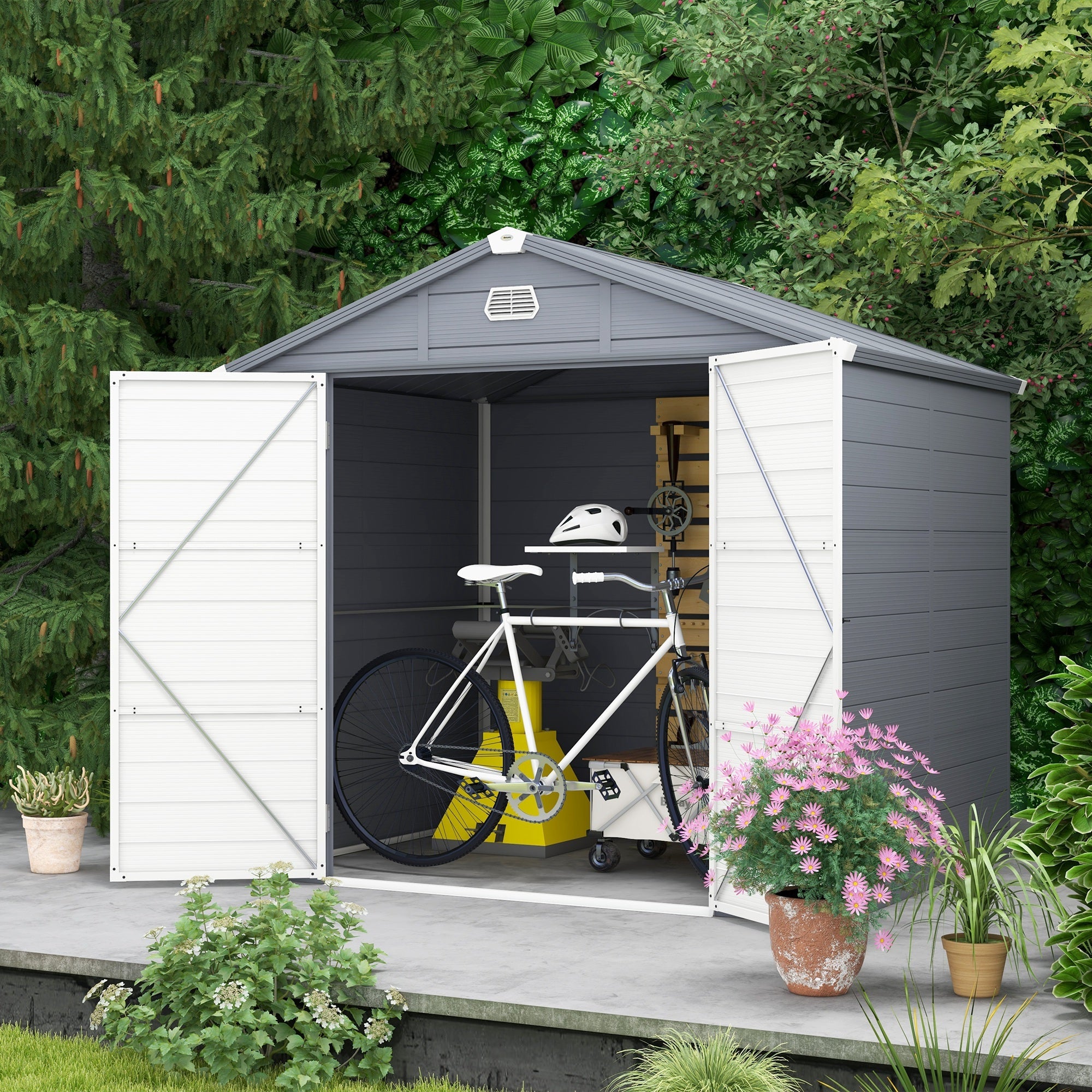 Outsunny Spacious 8x6ft Garden Shed Secure Latch Door, Ventilation, Sloped Roof, Durable PP Material in Grey