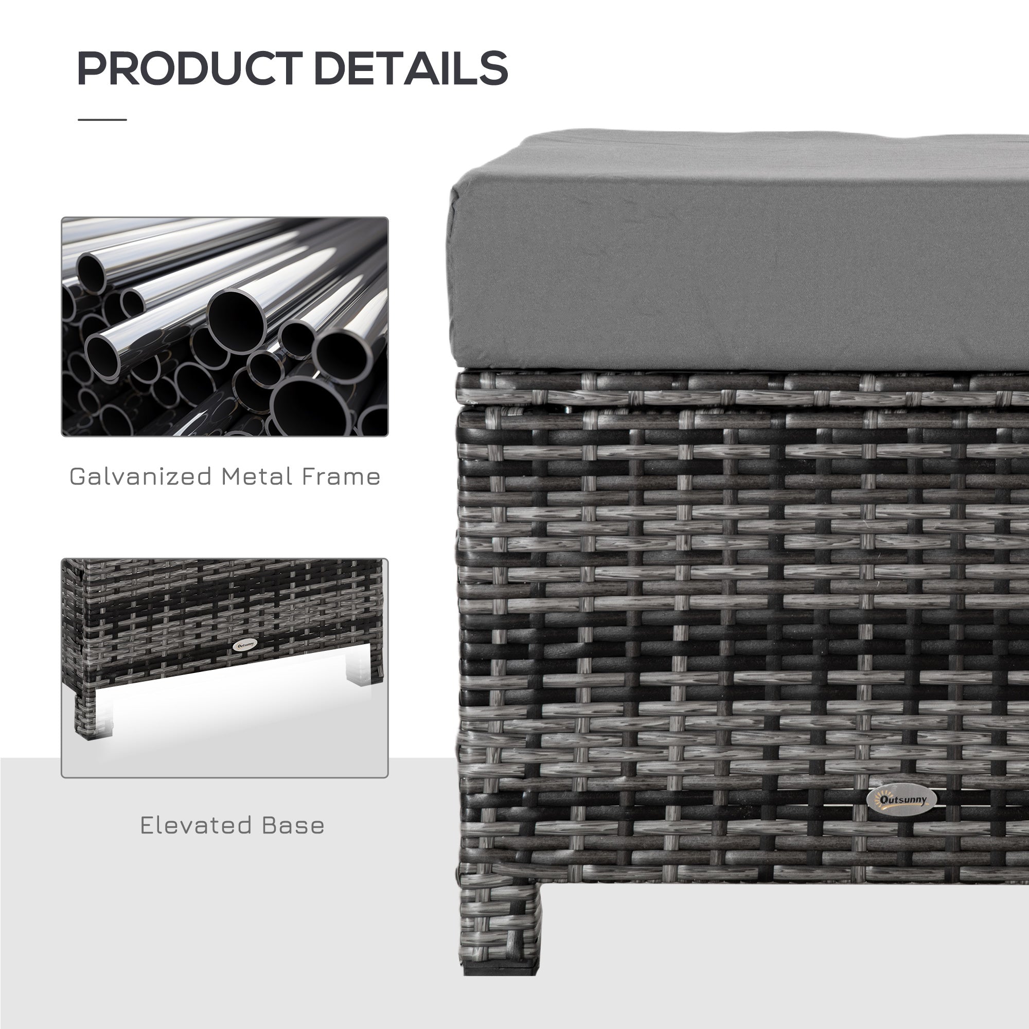 Outsunny Rattan Patio Ottoman, Outdoor Wicker Footrest with Cushion, Metal Frame for Garden, Poolside, Gray