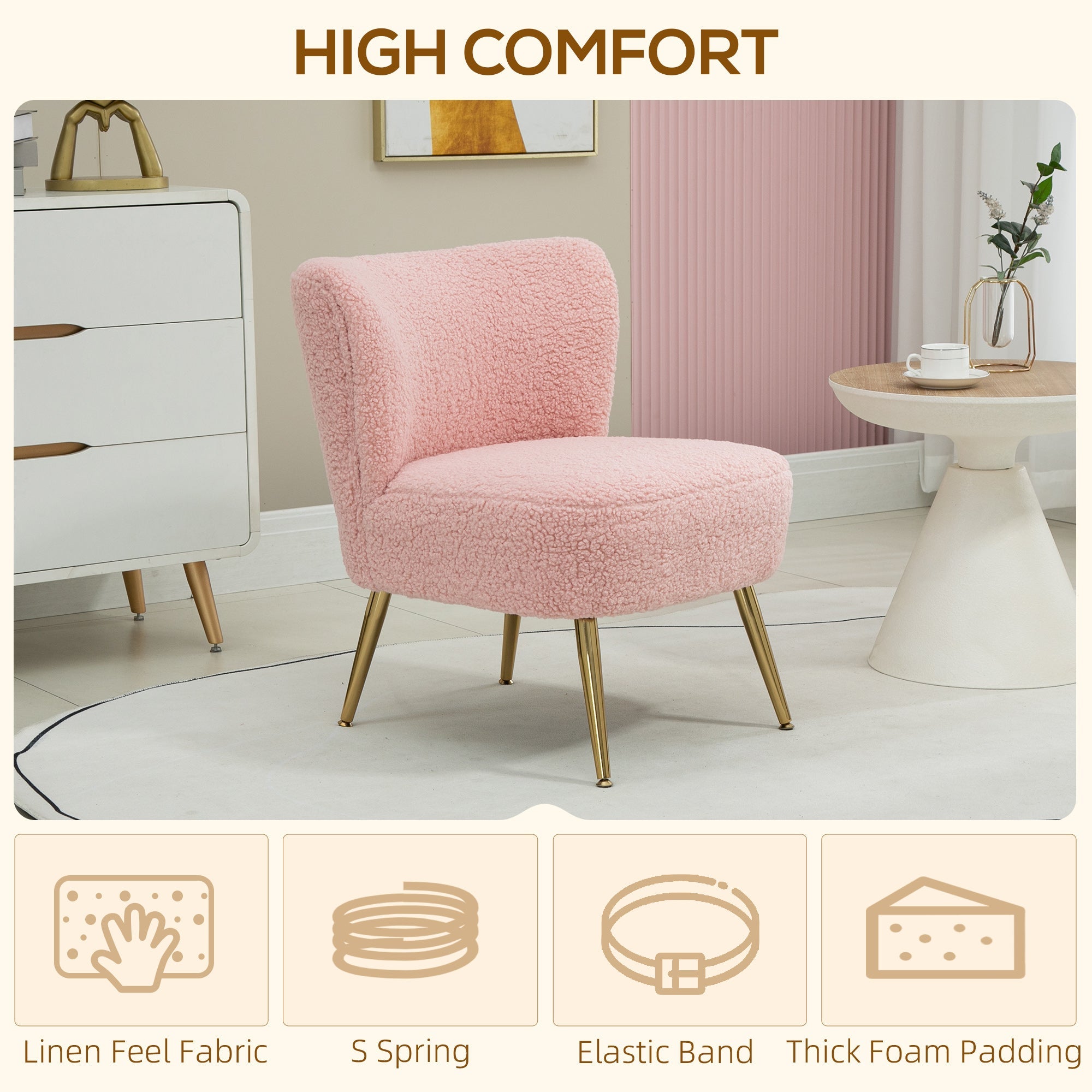 HOMCOM Chic Comfort: Soft Upholstered Lounge Chair with Gold Legs, Pink Hue for Bedroom Seating