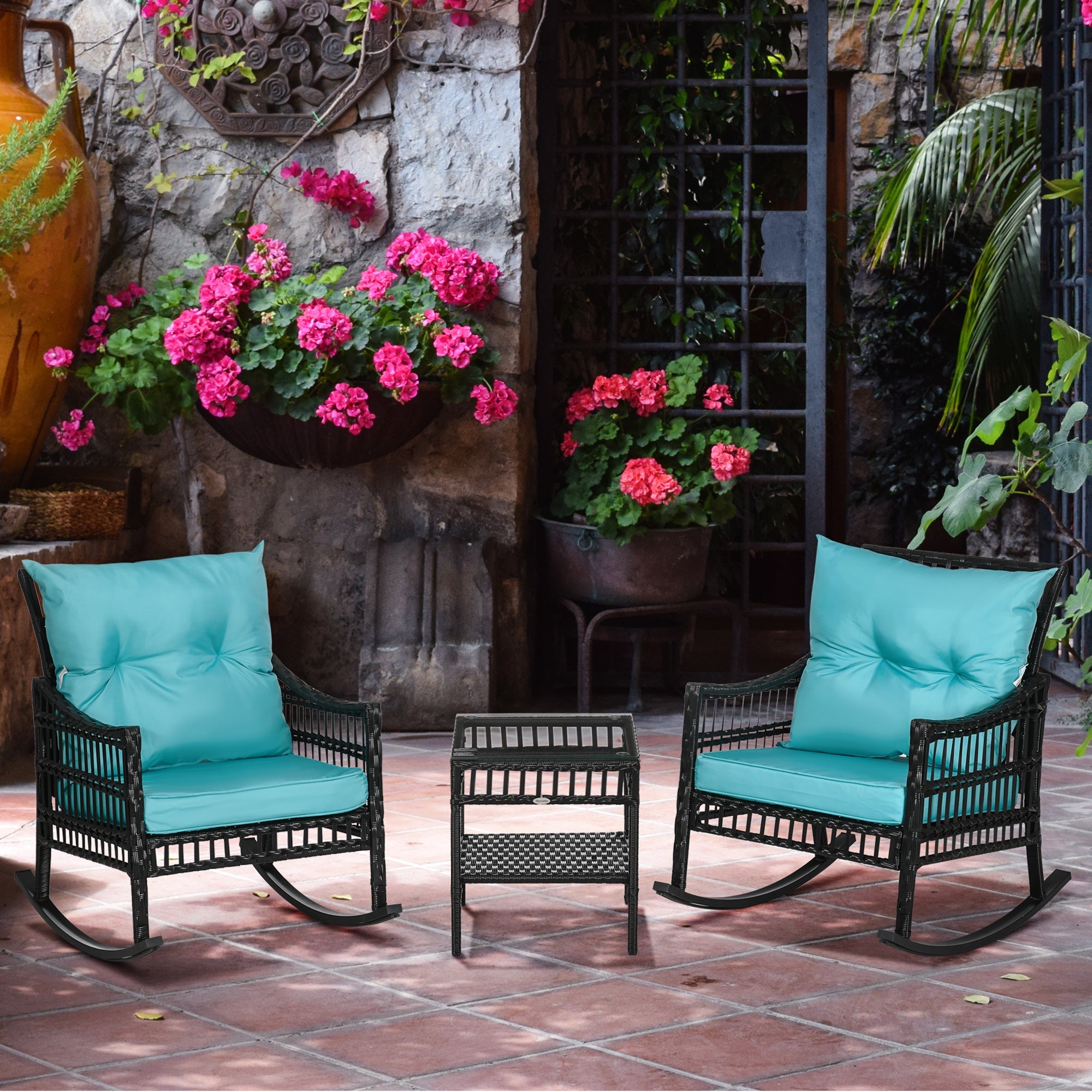 Outsunny 3 Pieces Outdoor PE Rattan Rocker Chair Set, Rocking Chair with Tempered Glass Table Top,25"x26"x28", Turquoise Green