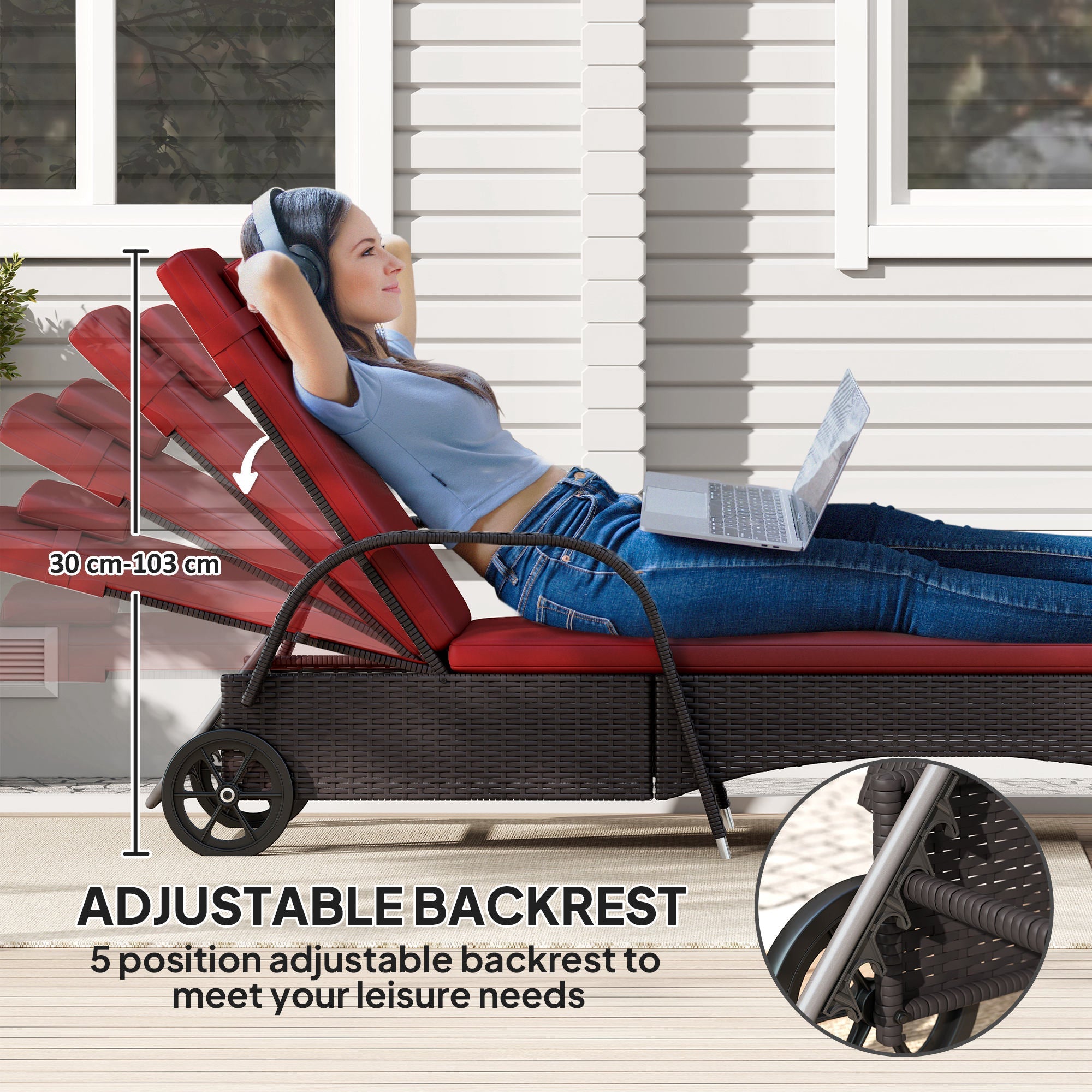 Outsunny Outdoor Lounger, Deck Lounge Chair with Headrest, 5-Level Adjustable, Backrest, Wheels, Deep Coffee and Wine Red