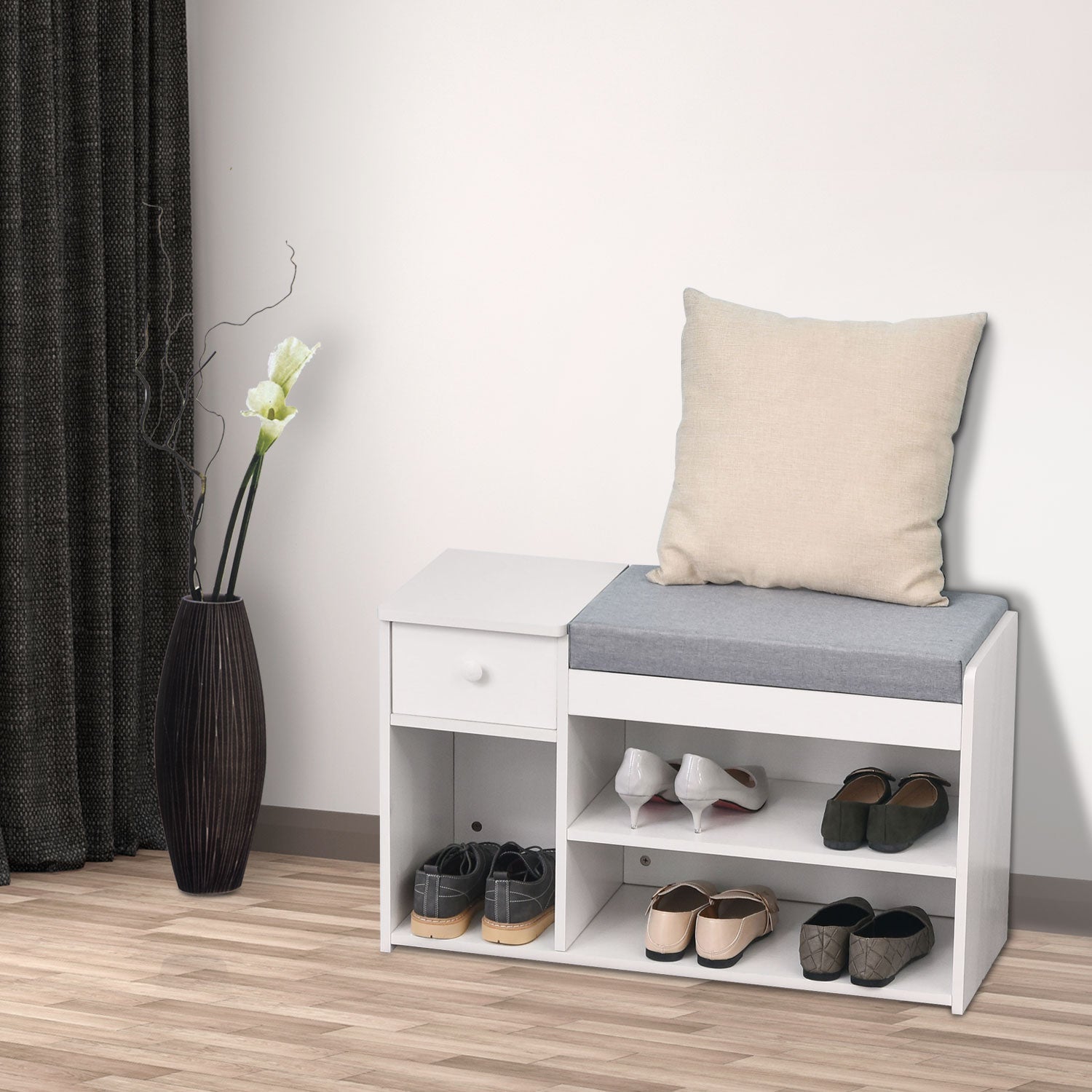 HOMCOM Entryway Shoe Oasis: Storage Bench with Drawer, Padded Cushion, 3 Compartments for Hallway, White Finish