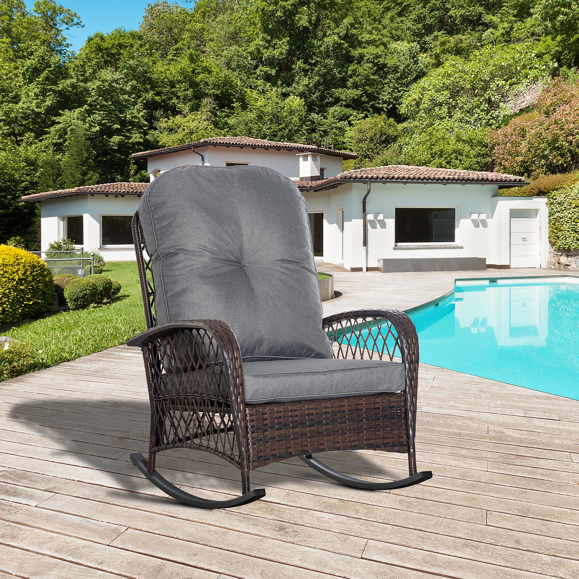 Outsunny Outdoor PE Rattan Rocking Chair, Patio Wicker Recliner Rocker Chair with Soft Cushion, for Garden Backyard Porch, Grey