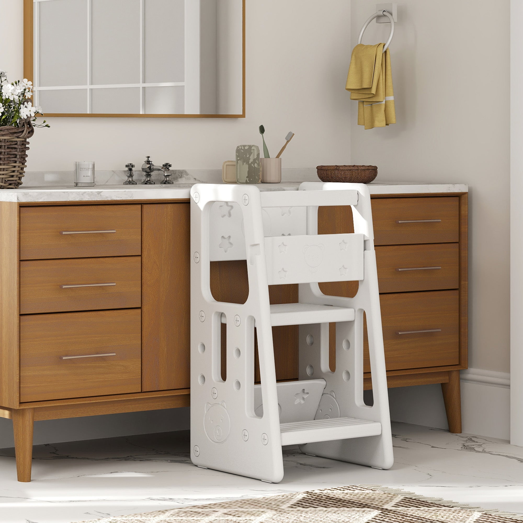 Qaba Adjustable Kids Step Stool, Toddler Kitchen Standing Tower with 3 Heights, White