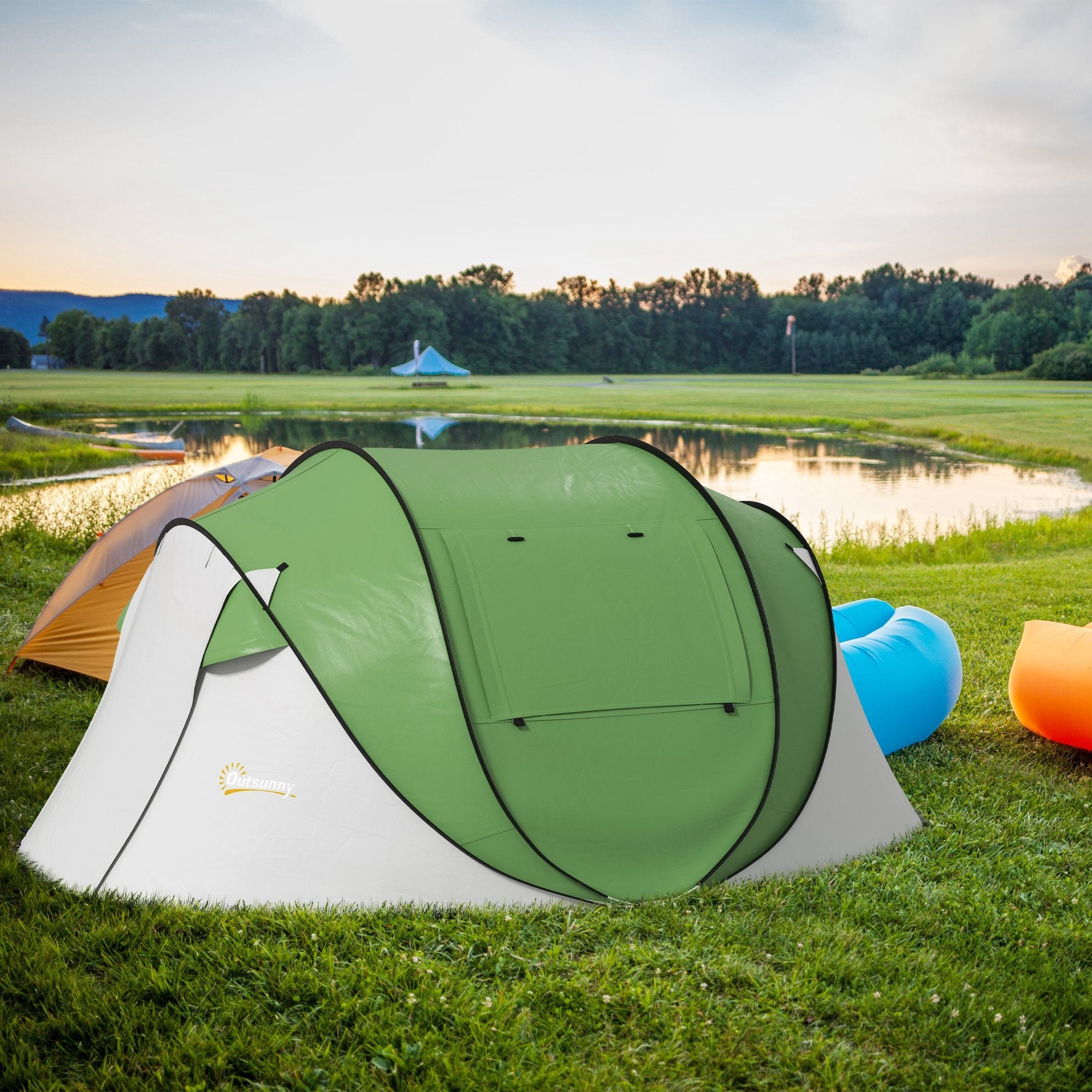 Outsunny Waterproof Pop Up Camping Tent with Porch Carry Bag for 2-3 People Hiking Outdoor Green