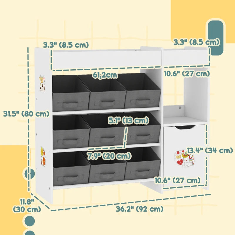 Qaba Toy Storage Organizer with 9 Non-Woven Fabric Boxes, Storage Cabinet & Shelves, for Kids Room, Nursery, Playroom, White