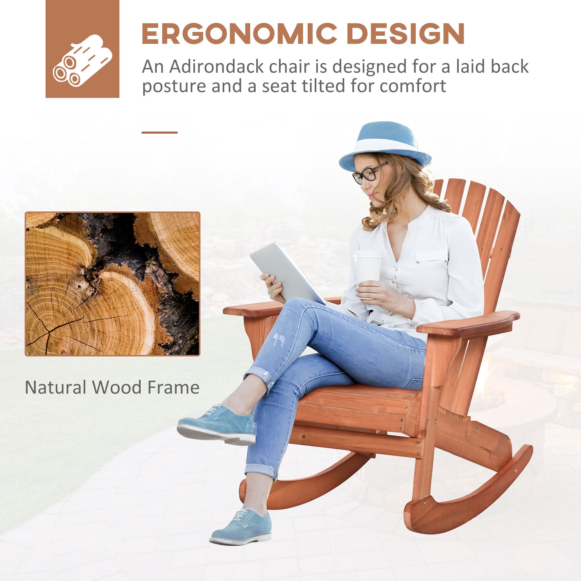 Outsunny Wooden Adirondack Rocking Chair with Slatted Wooden Design, Fanned Back, & Classic Rustic Style, Teak