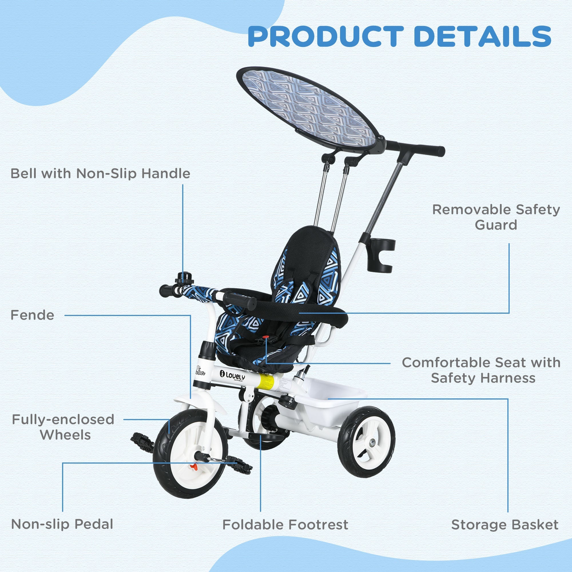 Qaba 4-in-1 Convertible Kids Tricycle with Removable Handlebar and Canopy Blue