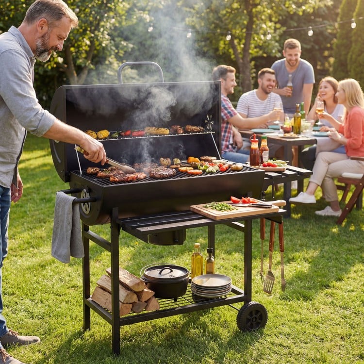 Charcoal BBQ Grill Outdoor Smoker Grill Combo with Thermometer
