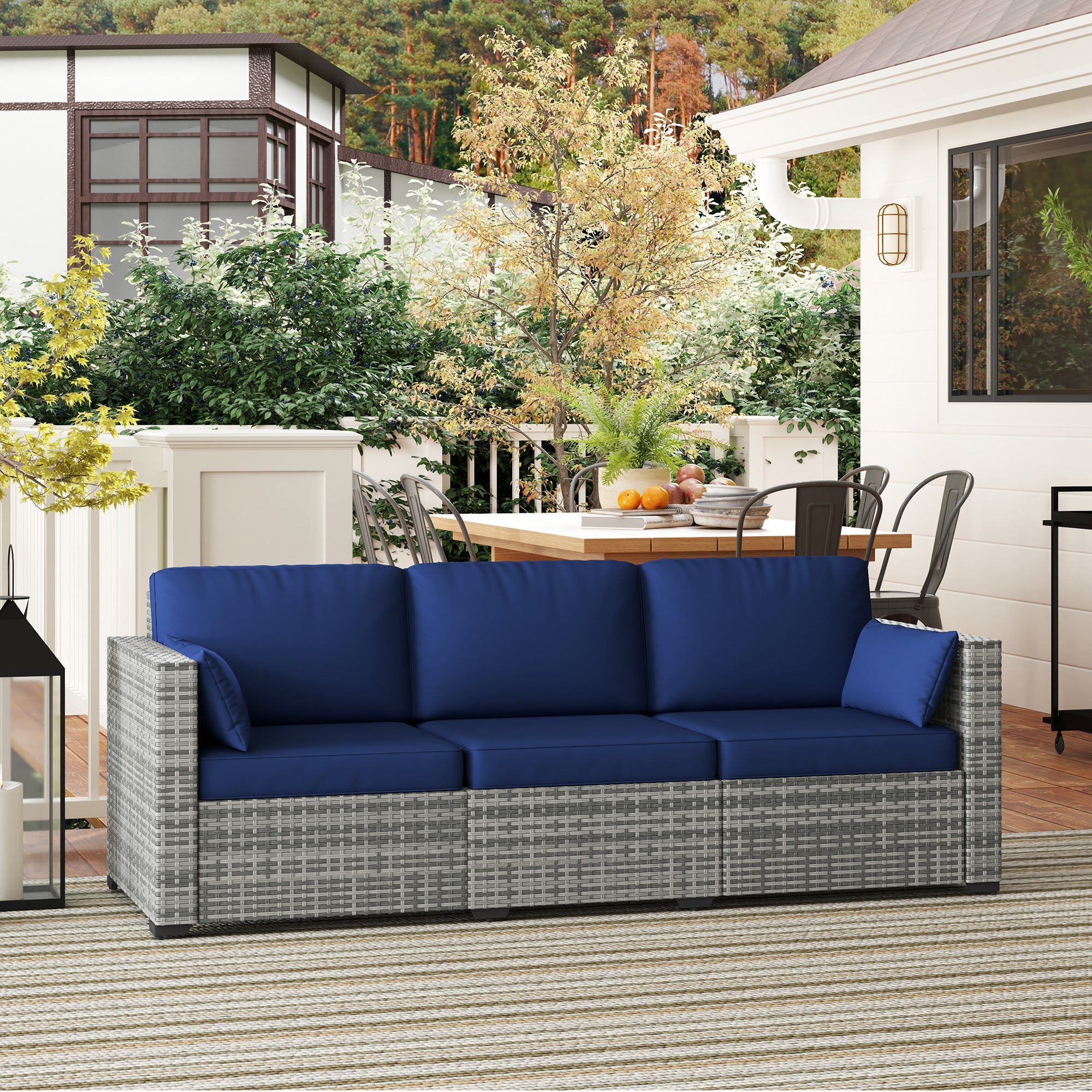 Outsunny 3-Seater Outdoor Sofa with Cushions, PE Rattan Conversation Patio Couch with Pillows for Garden, Poolside, Dark Blue