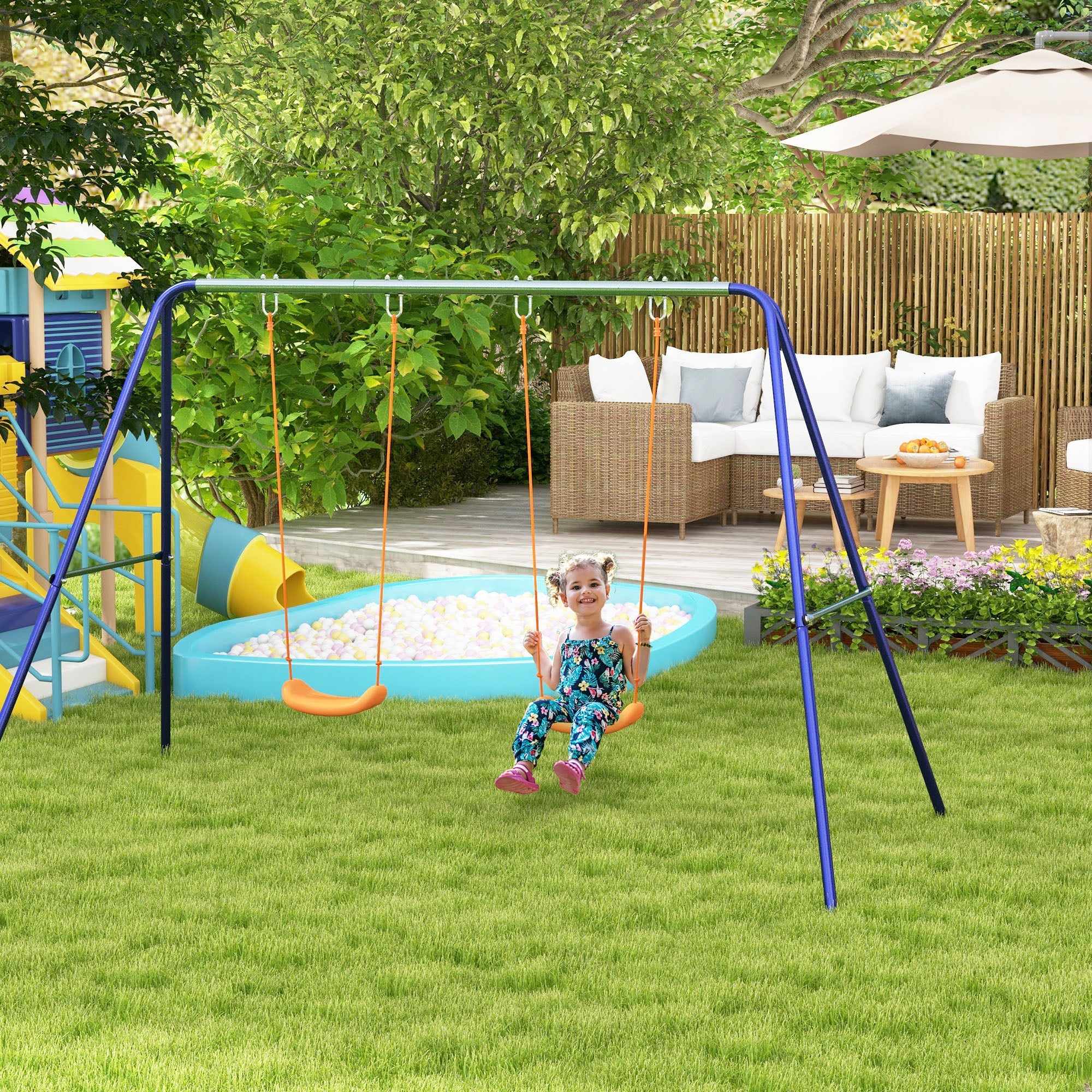 Outsunny Kids Swing Set Outdoor Metal Frame Double Swing Seats 1-2 Children 3-8 Years Playground
