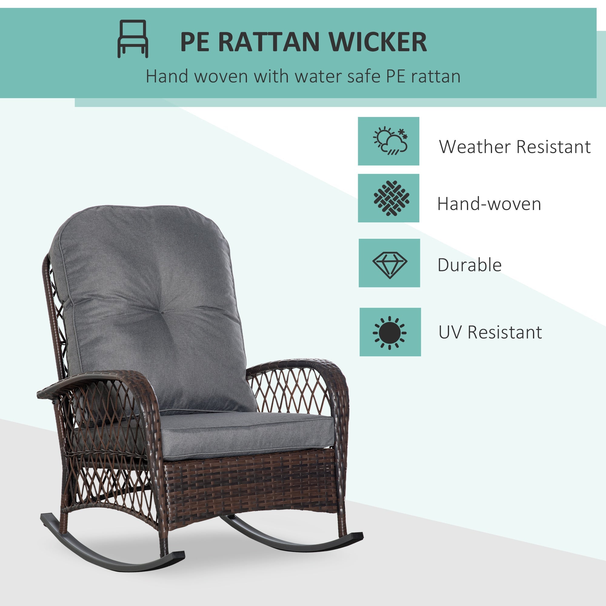 Outsunny Outdoor PE Rattan Rocking Chair, Patio Wicker Recliner Rocker Chair with Soft Cushion, for Garden Backyard Porch, Grey