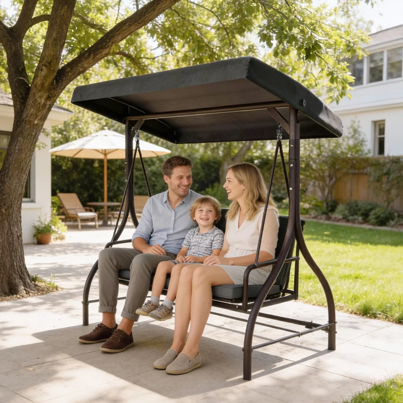 Convertible Patio Swing Bed with Canopy and Cushions, 3 Seater Porch Swing for Outdoor, Backyard, Garden, Dark Grey