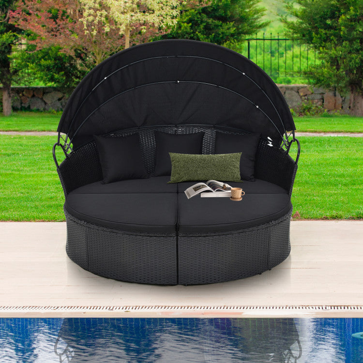 Clamshell Patio Round Daybed with Retractable Canopy, Cushions & Throw Pillows