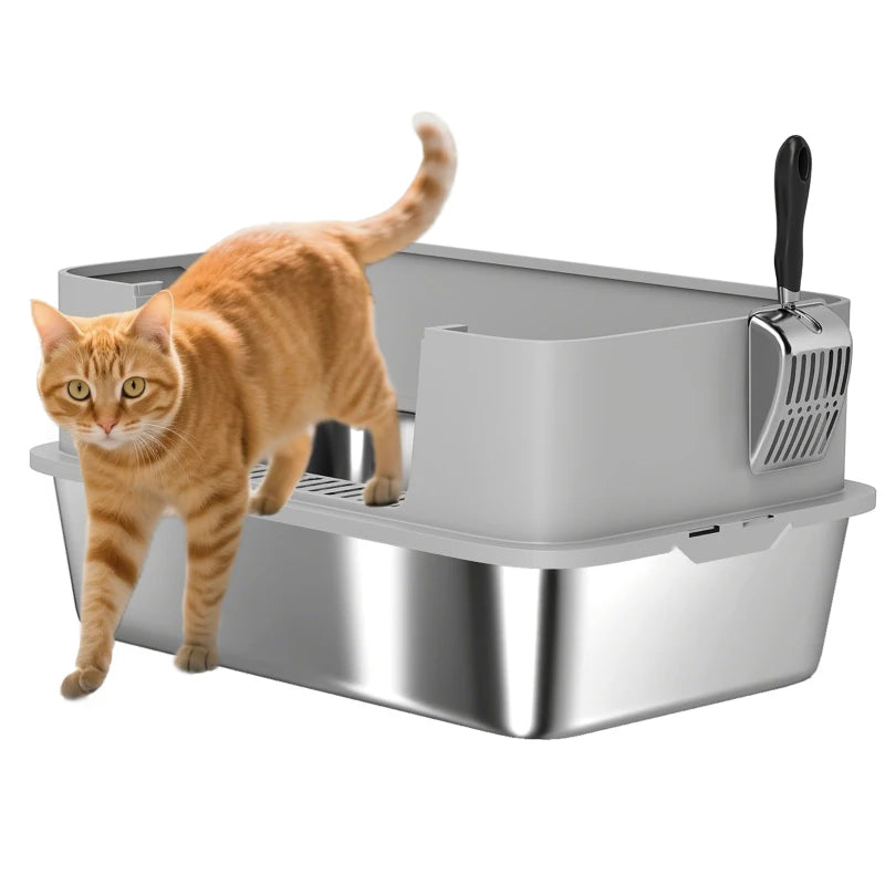 Stainless Steel Litter Box, XL High Sided Cat Litter Box with Scoop, Anti Leakage & Easy to Clean, 24" x 16" x 12", Grey