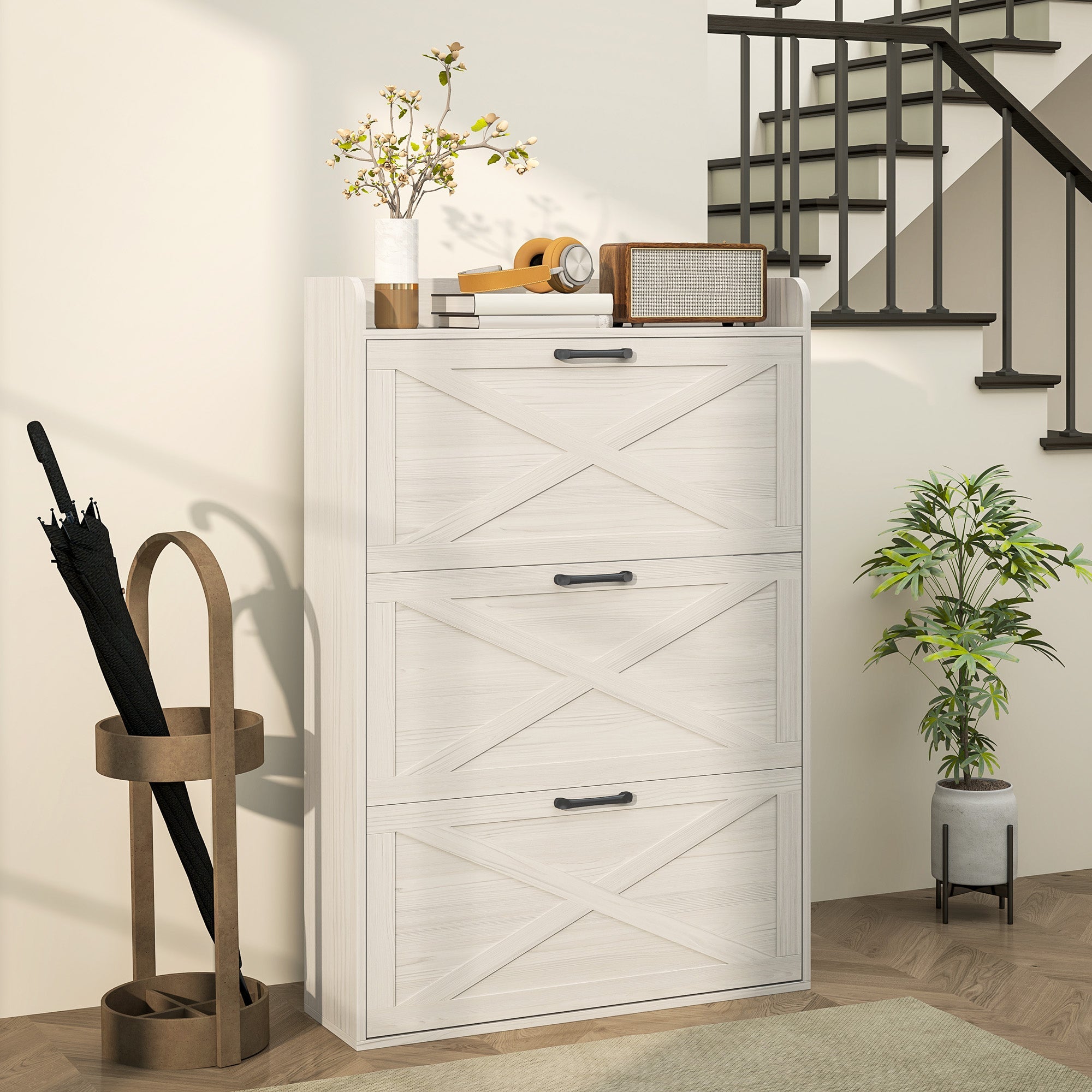 HOMCOM Narrow Shoe Storage Cabinet Farmhouse Shoe Cabinet with 3 Flip Drawers Adjustable Shelves for Entryway White Wood Grain