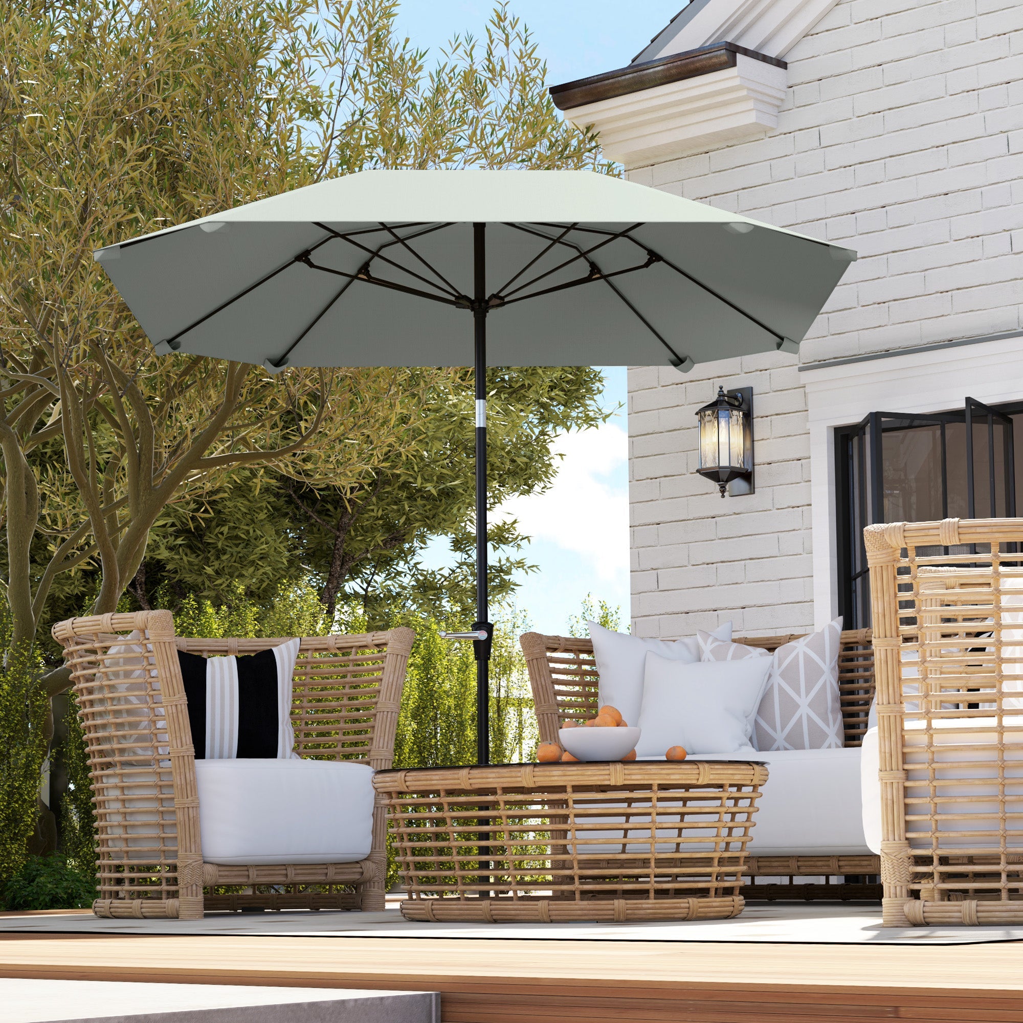 Outsunny 7.6FT Aluminum Patio Umbrella Parasol 8 Ribs Outdoor Market Umbrella with Crank, Push Button Tilt for Deck, Backyard and Lawn, Light Grey