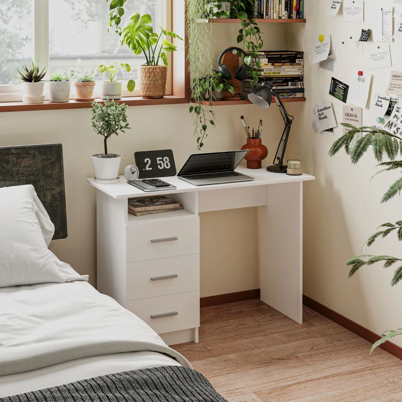 Computer Desk with Storage, 39" Home Office Desk with 3 Drawers nad Open Shelf, Writing Table for Bedroom, White