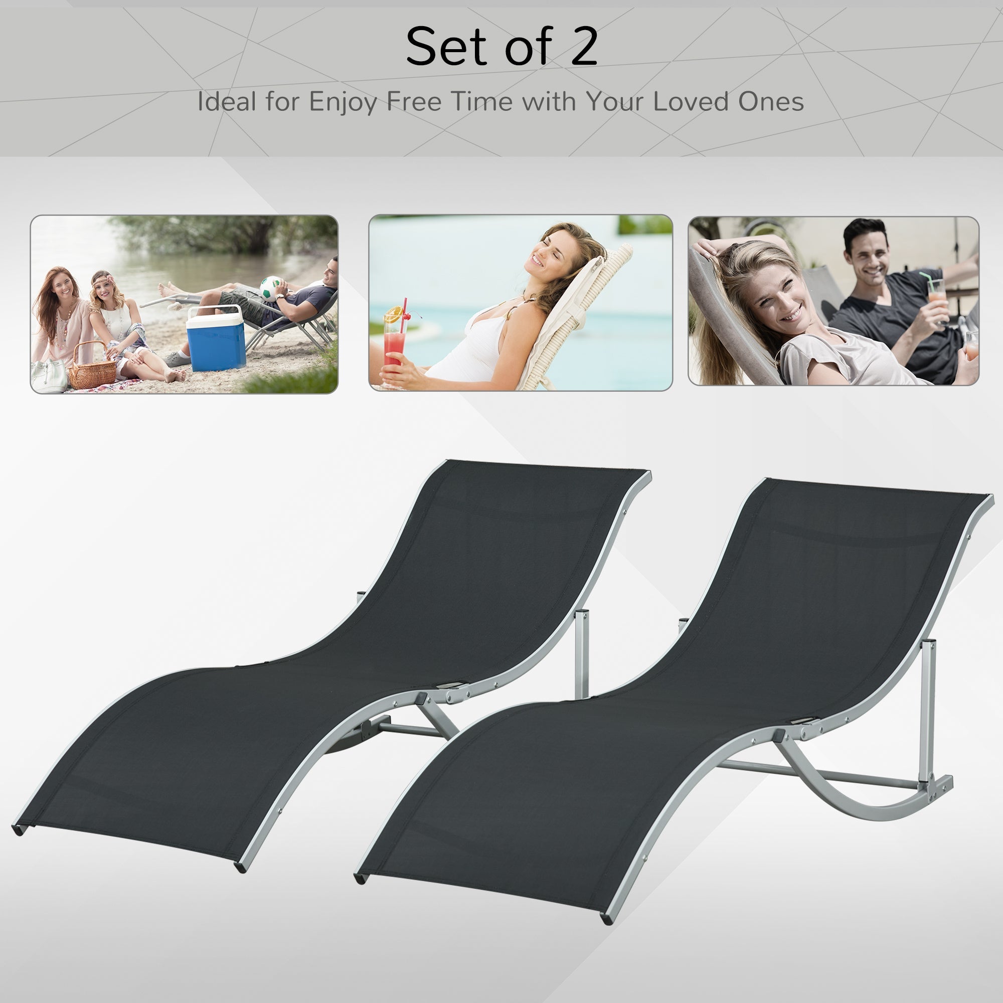 Outsunny 2-Pack S-shaped Reclining Lounge Chair: Foldable for Patio, Beach, Garden, Black, 264lbs Capacity