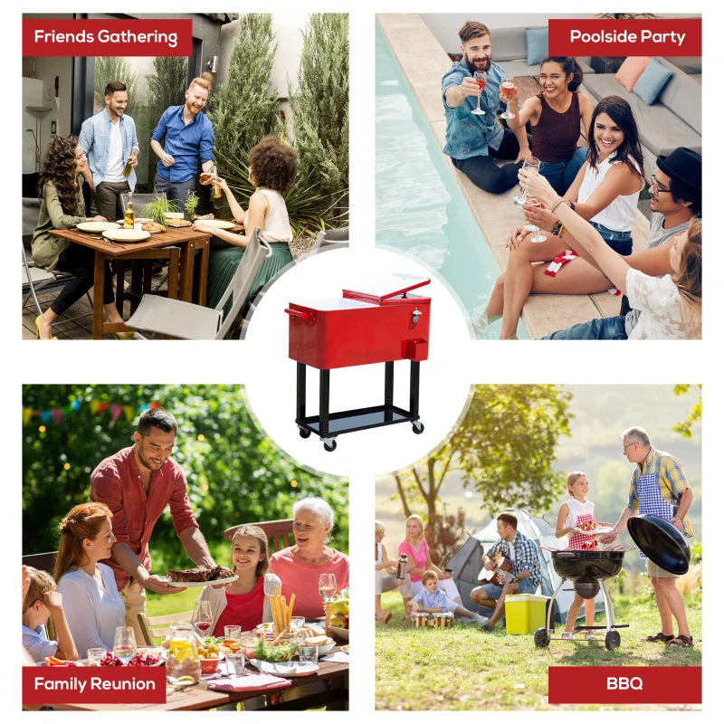 80 Quart Rolling Cooler Cart Portable Patio Ice Beer Beverage Cooling Bin w/ Bottle Opener & Storage Shelf Red