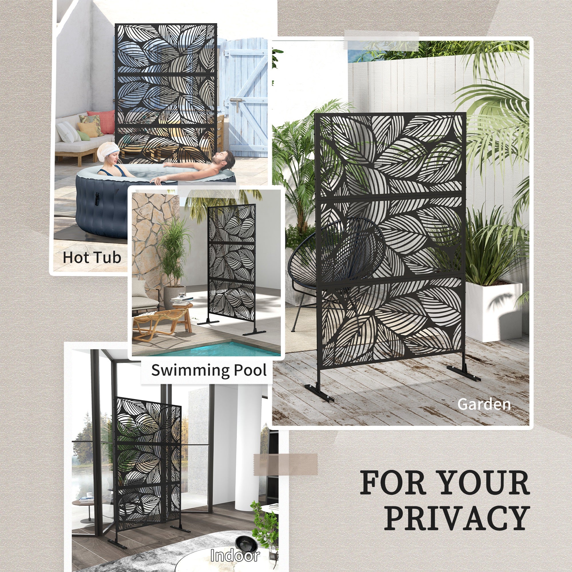 Outsunny 6.5FT Metal Privacy Screen, Decorative Outdoor Divider with Leaf Design, Black - Add Privacy & Style
