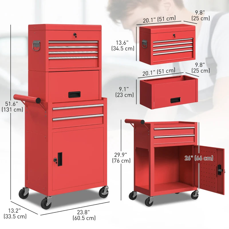 Large Tool Cabinet, 3-in-1 Rolling Tool Chest, Detachable Tool Storage Organizer with 6 Drawers and Pegboard, Red