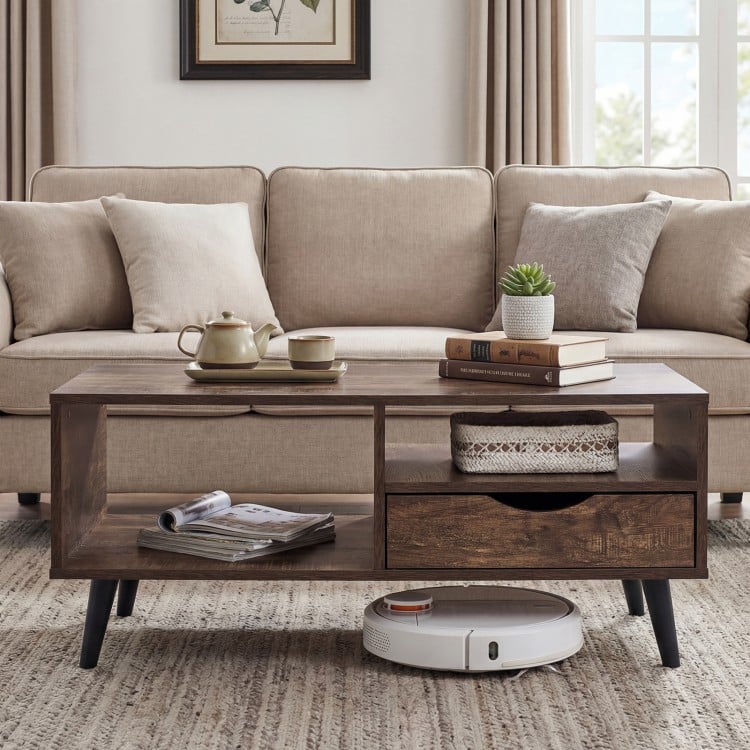 Coffee Table with Storage Rustic Rectangle Center Table-Walnut