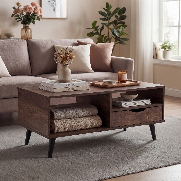 Coffee Table with Storage Rustic Rectangle Center Table-Walnut