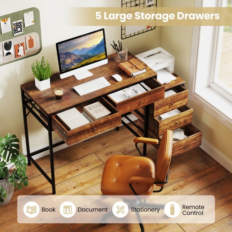 Computer Desk with 5 Drawers Home Office Desk with Side File Cabinet-Rustic Brown