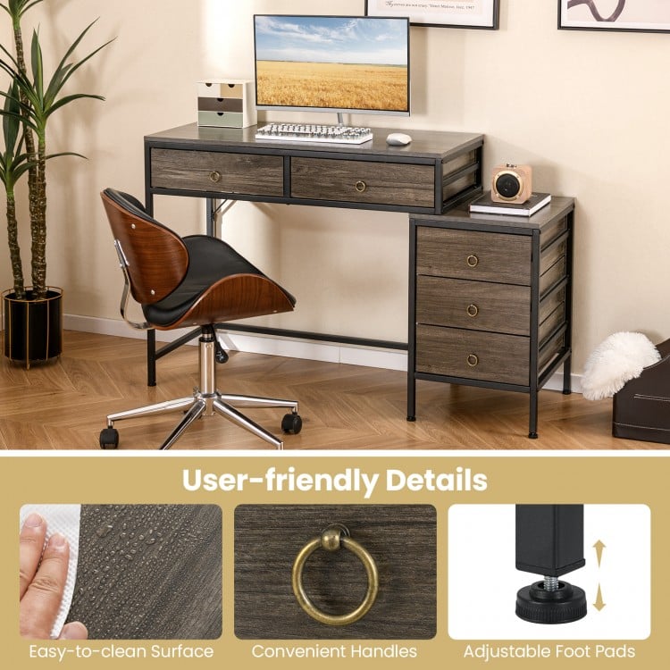 Computer Desk with 5 Drawers Home Office Desk with Side File Cabinet-Grey