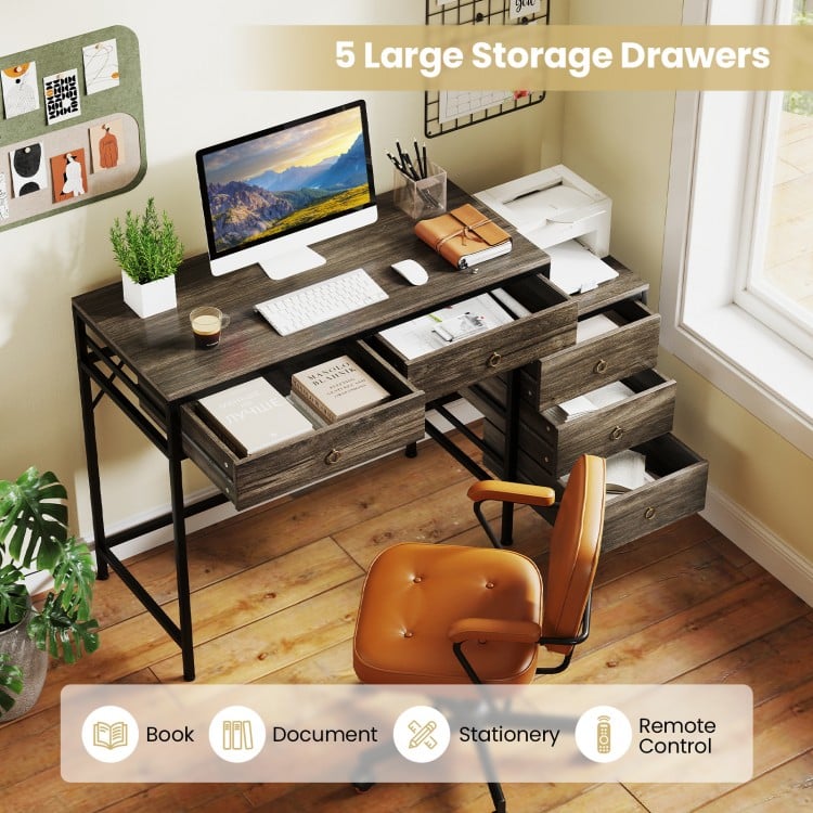 Computer Desk with 5 Drawers Home Office Desk with Side File Cabinet-Grey