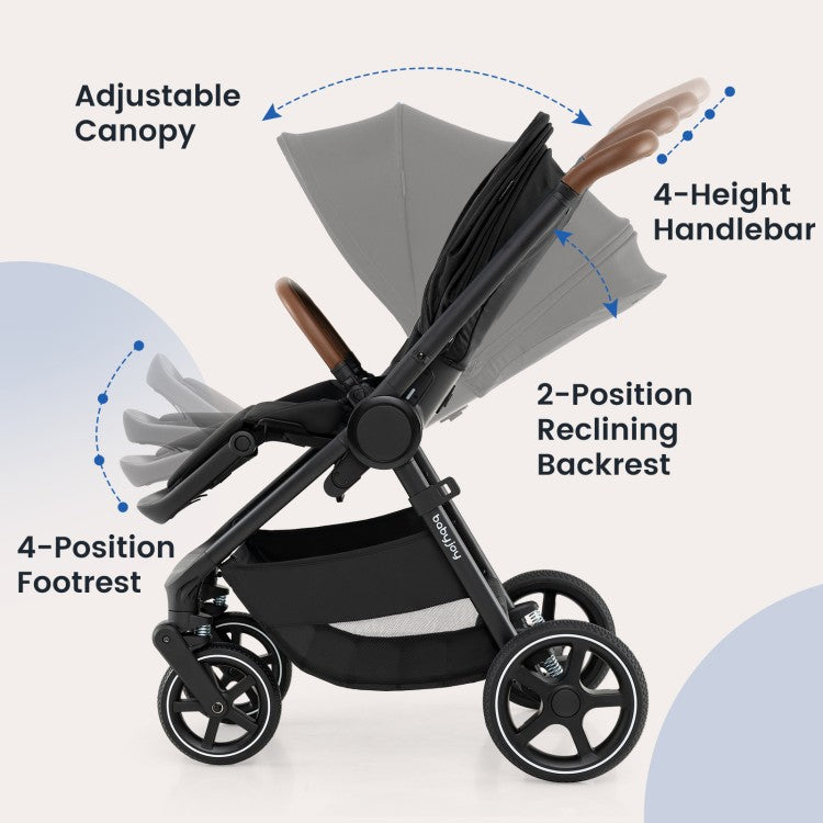 Convertible Travel Baby Stroller with Car Seat Adapters, Reversible Seat, Reclining Backrest & Large Storage Basket