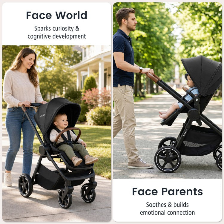Convertible Travel Baby Stroller with Car Seat Adapters, Reversible Seat, Reclining Backrest & Large Storage Basket