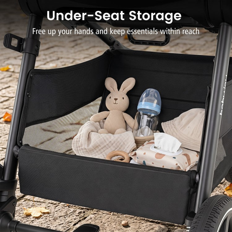 Convertible Travel Baby Stroller with Car Seat Adapters, Reversible Seat, Reclining Backrest & Large Storage Basket