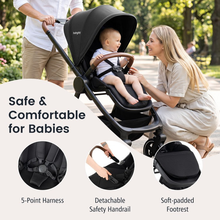 Convertible Travel Baby Stroller with Car Seat Adapters, Reversible Seat, Reclining Backrest & Large Storage Basket