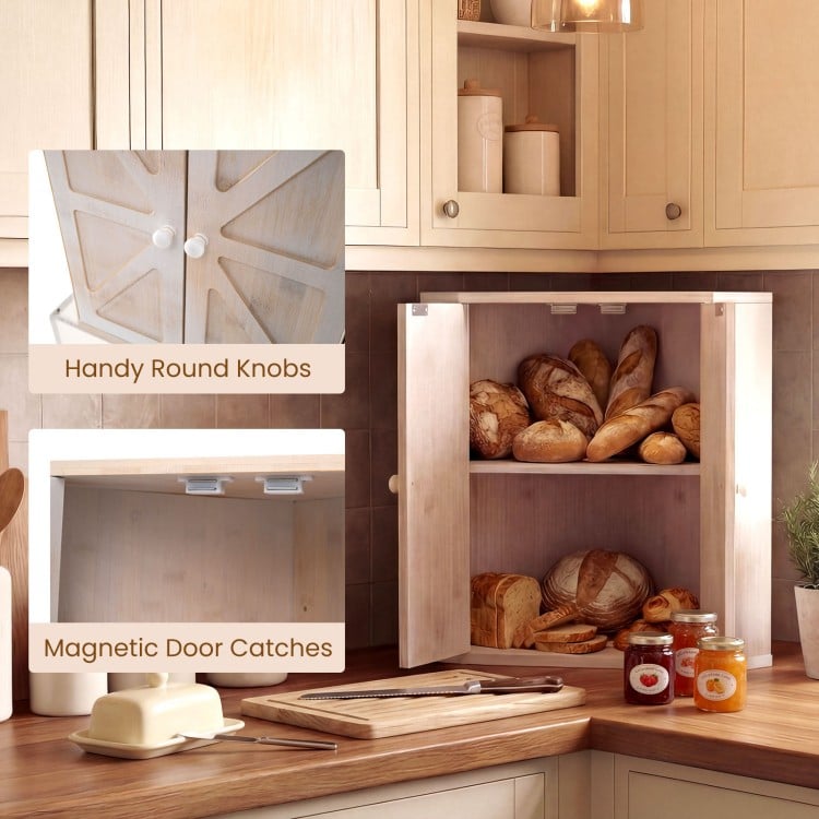 Corner Bread Box for Kitchen Counter Bamboo Double Layer Breadbox Organizer-White